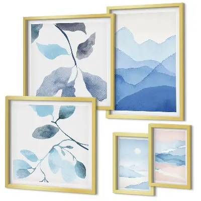 Set of 5 minimalist nature wall art pieces blue theme