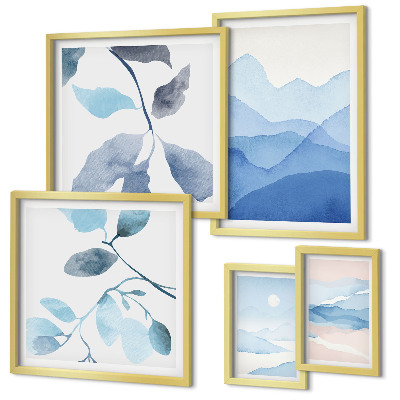 Set of 5 wall art pieces Nature blue minimalist
