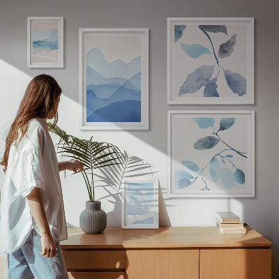 Set of 5 wall art pieces Nature blue minimalist