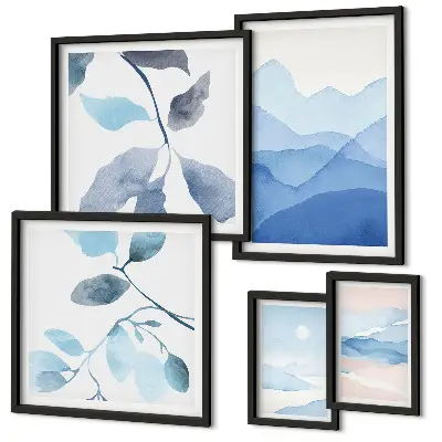 Set of 5 minimalist nature wall art pieces blue theme