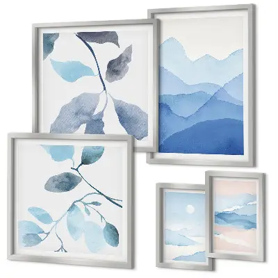 Set of 5 minimalist nature wall art pieces blue theme