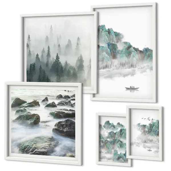 Framed landscape photo set featuring peaceful water scenes