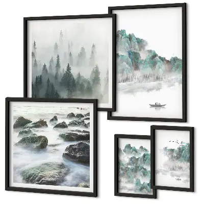 Framed landscape photo set featuring peaceful water scenes