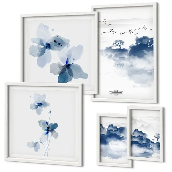 Set of 5 wall art pieces featuring landscape, flower, and water themes
