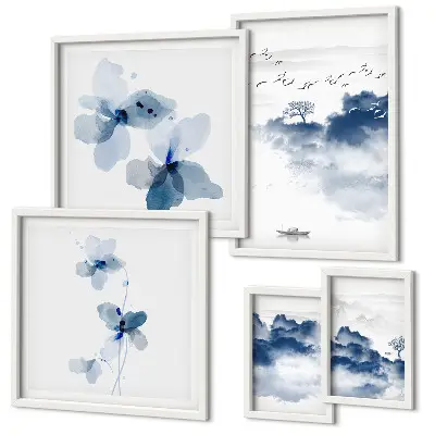 Set of 5 wall art pieces featuring landscape, flower, and water themes