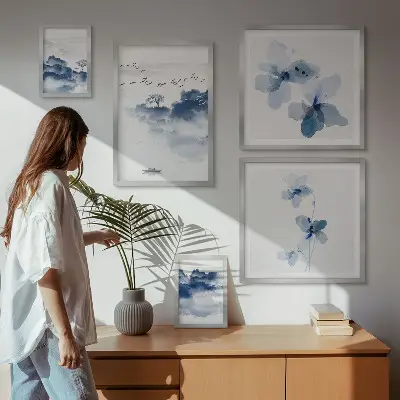 Set of 5 wall art pieces featuring landscape, flower, and water themes