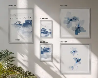 Set of 5 wall art pieces featuring landscape, flower, and water themes