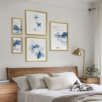 Set of 5 wall art pieces featuring landscape, flower, and water themes