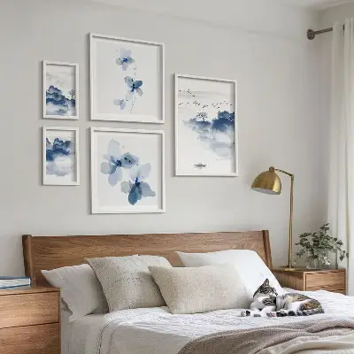 Set of 5 wall art pieces featuring landscape, flower, and water themes