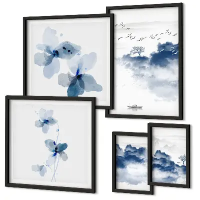Set of 5 wall art pieces featuring landscape, flower, and water themes