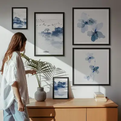 Set of 5 wall art pieces featuring landscape, flower, and water themes