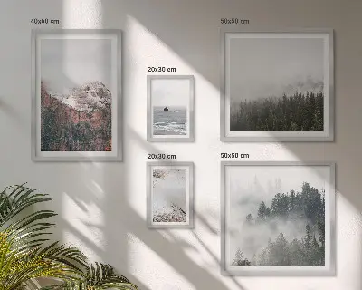 Framed photo set landscapes featuring mountains, forests, and clouds