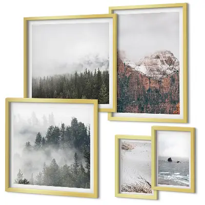 Framed photo set landscapes featuring mountains, forests, and clouds