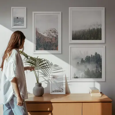 Framed photo set landscapes featuring mountains, forests, and clouds
