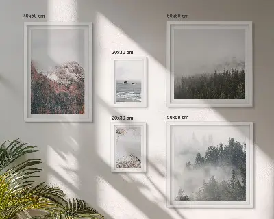 Framed photo set landscapes featuring mountains, forests, and clouds