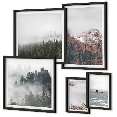 Framed photo set landscapes featuring mountains, forests, and clouds