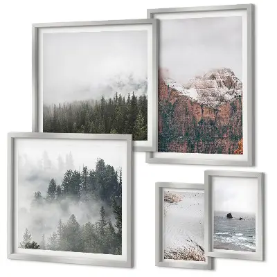 Framed photo set landscapes featuring mountains, forests, and clouds