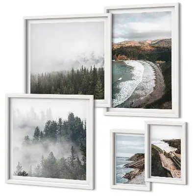 Set of 5 wall art pieces coastal landscapes and mountain forests