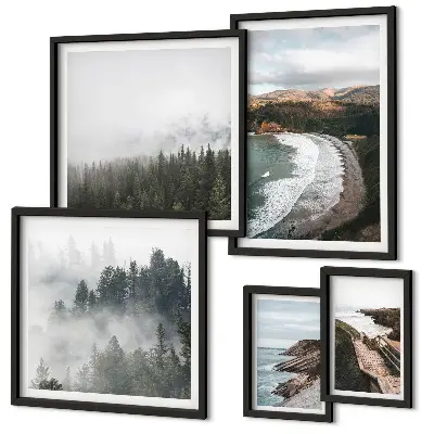 Set of 5 wall art pieces coastal landscapes and mountain forests