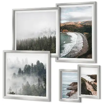 Set of 5 wall art pieces coastal landscapes and mountain forests