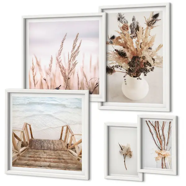 Framed photo set featuring stylish dried plants and water