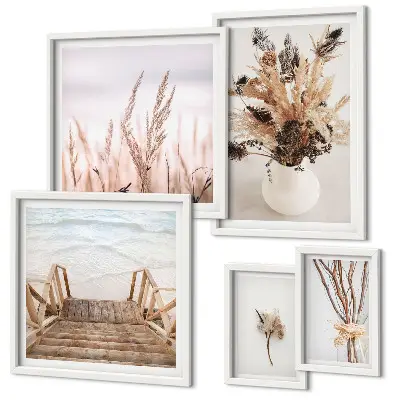 Framed photo set featuring stylish dried plants and water