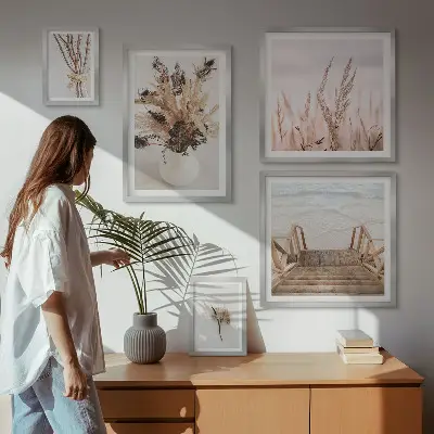 Framed photo set featuring stylish dried plants and water