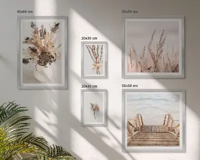 Framed photo set featuring stylish dried plants and water