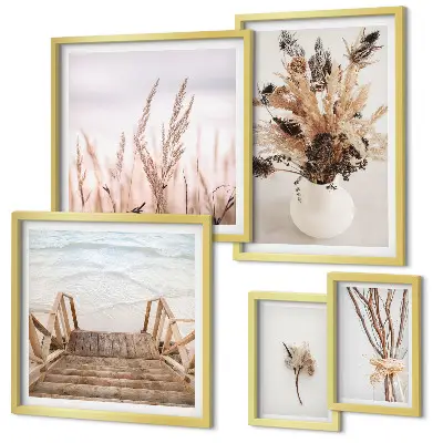 Framed photo set featuring stylish dried plants and water