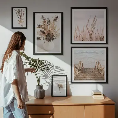 Framed photo set featuring stylish dried plants and water