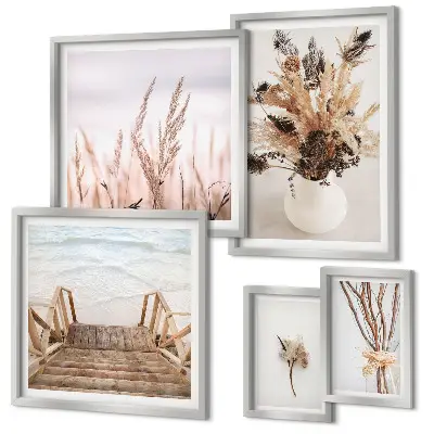 Framed photo set featuring stylish dried plants and water