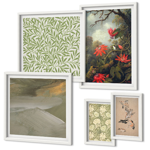 Set of 5 wall art pieces Flowers birds natural motifs
