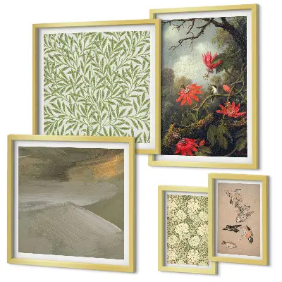 Set of 5 wall art pieces featuring flowers and bird motifs