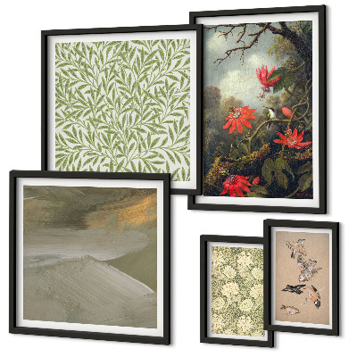 Set of 5 wall art pieces Flowers birds natural motifs