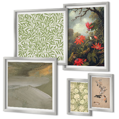 Set of 5 wall art pieces Flowers birds natural motifs