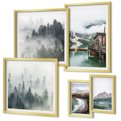 Set of 5 wall art pieces Mountain landscapes, cottages, water