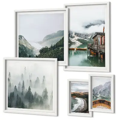 Framed photo set mountain landscapes, houses, and water