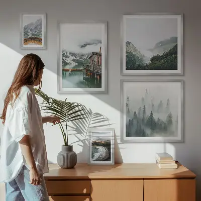 Framed photo set mountain landscapes, houses, and water