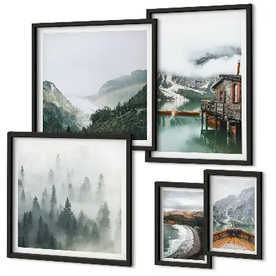 Framed photo set mountain landscapes, houses, and water