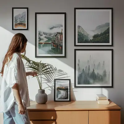 Framed photo set mountain landscapes, houses, and water