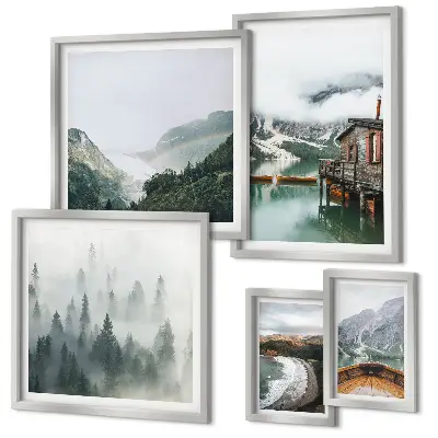 Framed photo set mountain landscapes, houses, and water