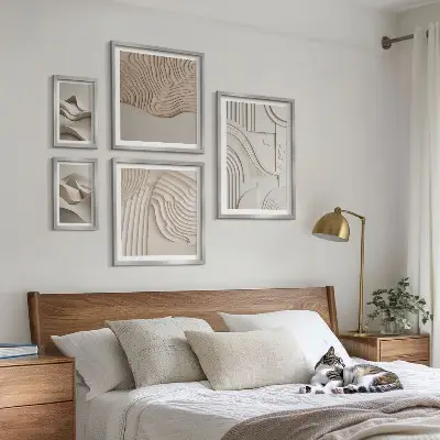 Abstract beige and white structures framed photo set 