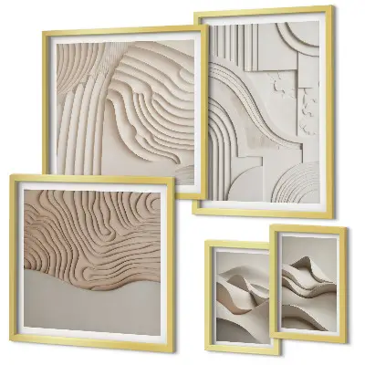 Abstract beige and white structures framed photo set 