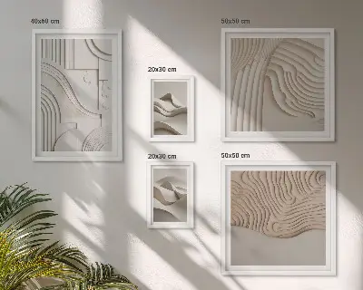 Abstract beige and white structures framed photo set 