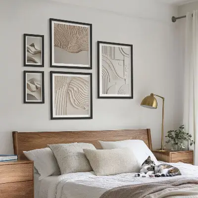 Abstract beige and white structures framed photo set 