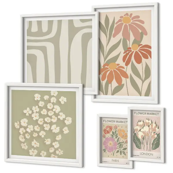 Set of 5 wall art pieces featuring floral patterns in London Paris boho style