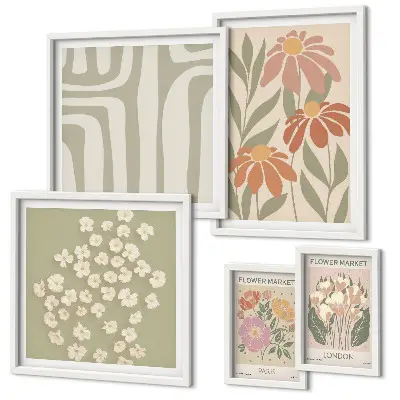 Set of 5 wall art pieces featuring floral patterns in London Paris boho style