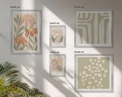 Set of 5 wall art pieces featuring floral patterns in London Paris boho style