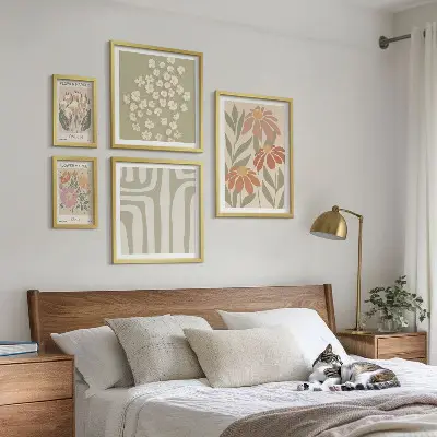 Set of 5 wall art pieces featuring floral patterns in London Paris boho style