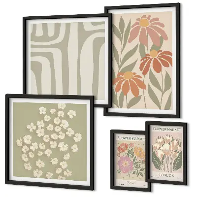 Set of 5 wall art pieces featuring floral patterns in London Paris boho style